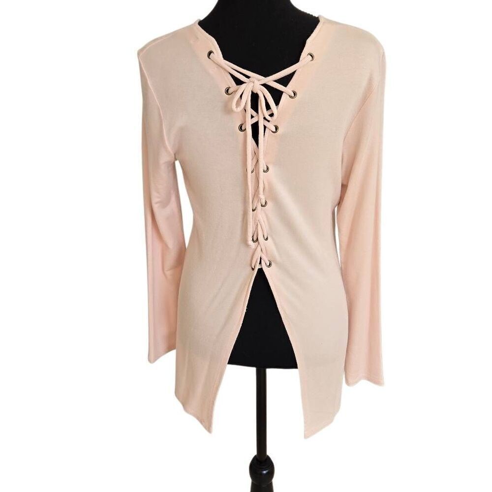 Redhaute Women's Lace-Up Back Stretch Pullover Long Sleeve Top Peach Medium
